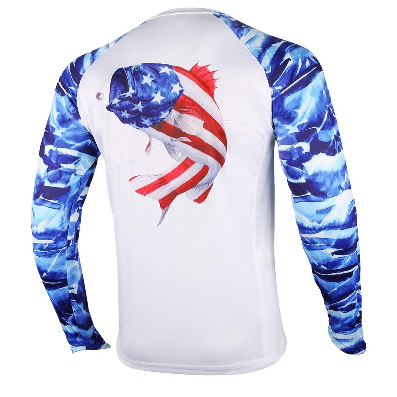 Palmyth Fishing Shirt for Men Long Sleeve Sun Protection UV UPF 50+ T-Shirts with Pocket (Largemouth bass/Flag, X-Large) - Image 1
